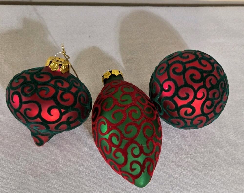 Vintage Velvet Scroll Glass Ornament Lot Of 3 Satin Finish 3" One Missing Cap